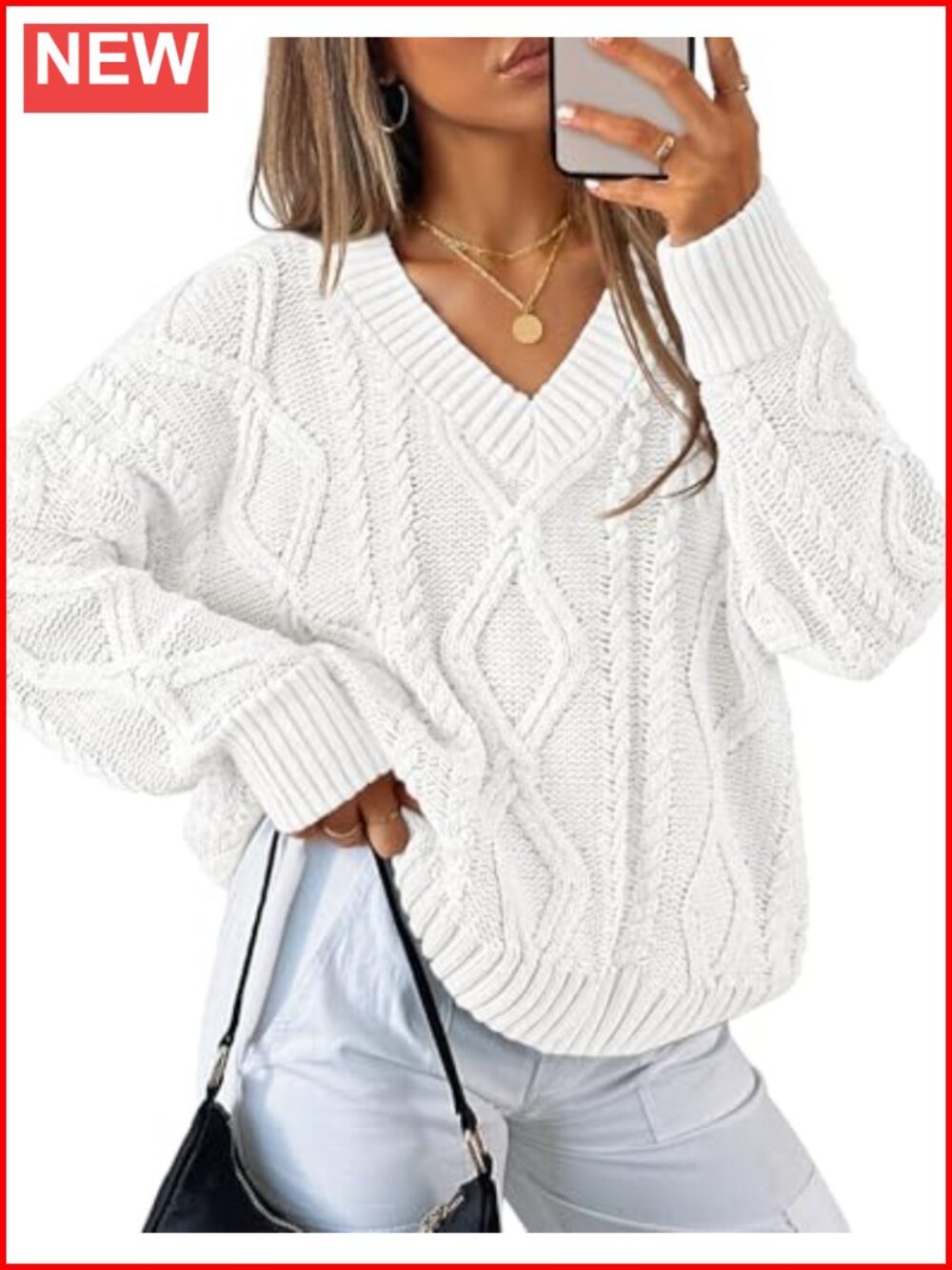 Cable Knit Oversized Long Sleeve V Neck Pullover Sweater
